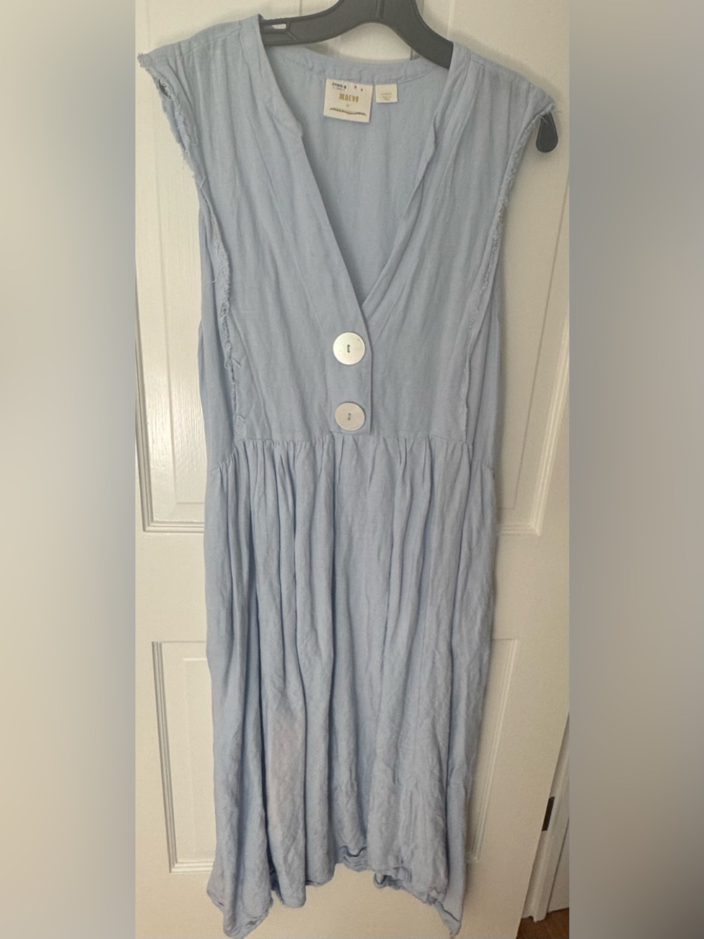 Anthropologie Pale Blue V-Neck Midi Dress with Oversized Buttons